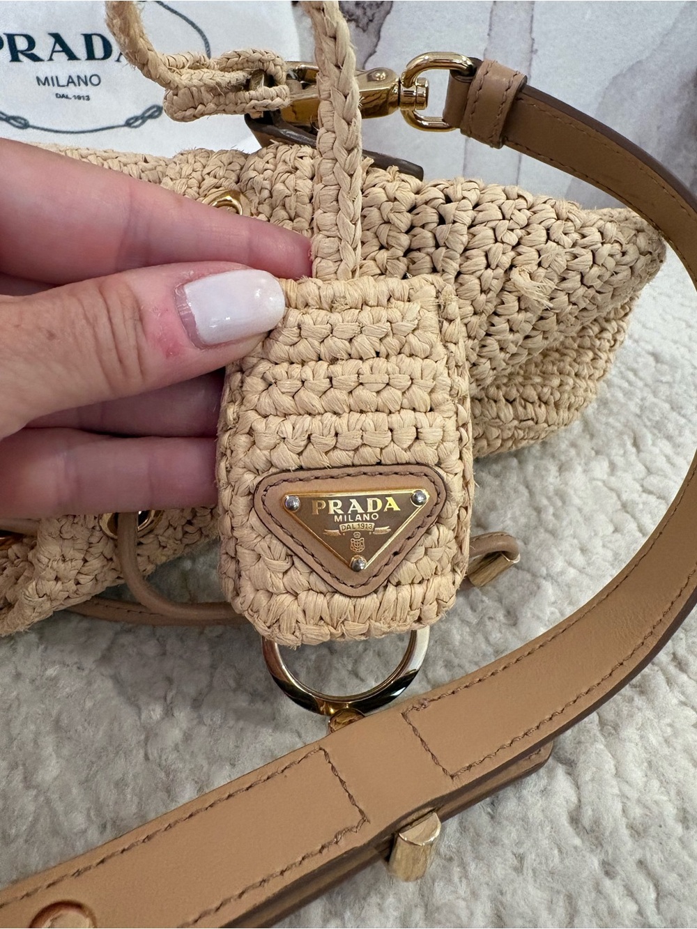 Prada Milano raffia and brown leather bucket tote with top handle and crossbody - Picture 7 of 9